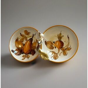 VTG Italian Hand Painted Double Bowl Dish Fruit Motif Figural Handle Italy 10"